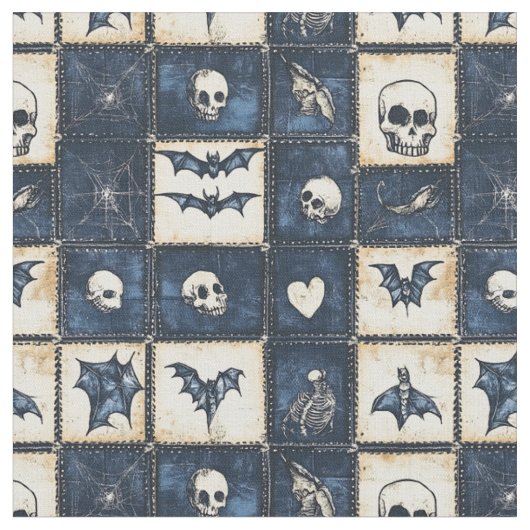 Gothic Halloween Denim Patchwork Pattern Stoff (Nahaufnahme)