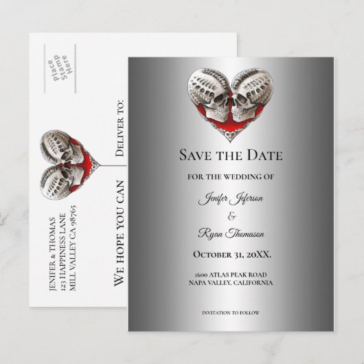 Gothic Halloween-Hochzeit Save-the-Date Postkarte (Vorne/Hinten)