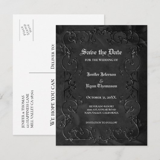 Gothic Halloween Hochzeit Save-the-Date Postkarte (Vorne/Hinten)