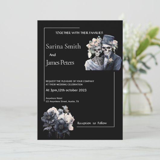 Gothic Halloween Hochzeitseinladung Black Floral Einladung (Stehend Vorderseite)