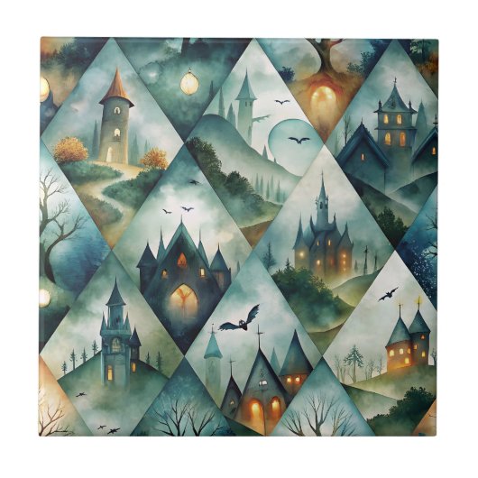 Gothic Halloween-Schloss-Muster Fliese (Vorderseite)
