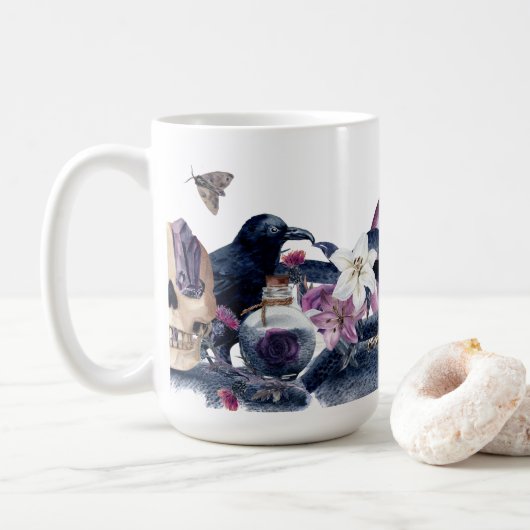 Gothic Halloween Skull & Raven Kaffeetasse (Mit Donut)
