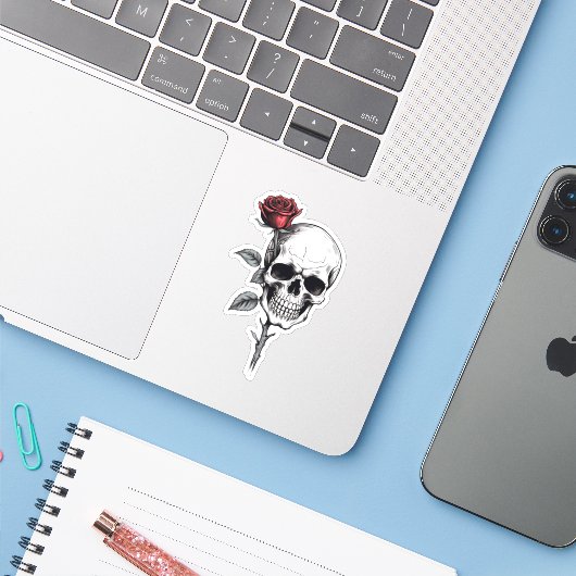 Gothic Halloween Skull und Rose Aufkleber (Laptop mit iPhone)