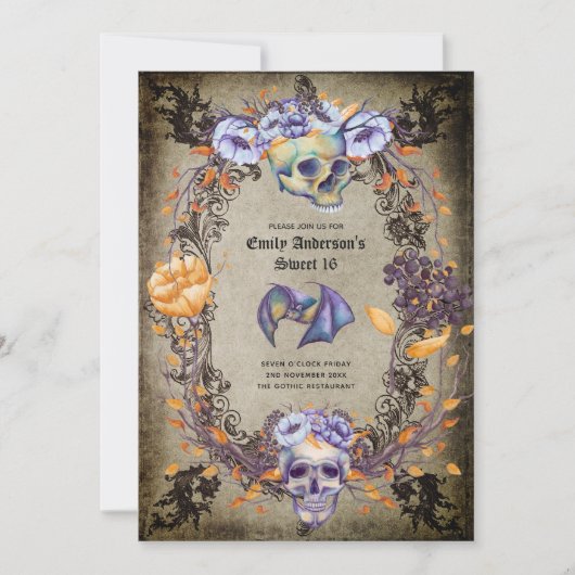 Gothic Halloween Skulls Party Invite Watercolor Einladung (Vorderseite)