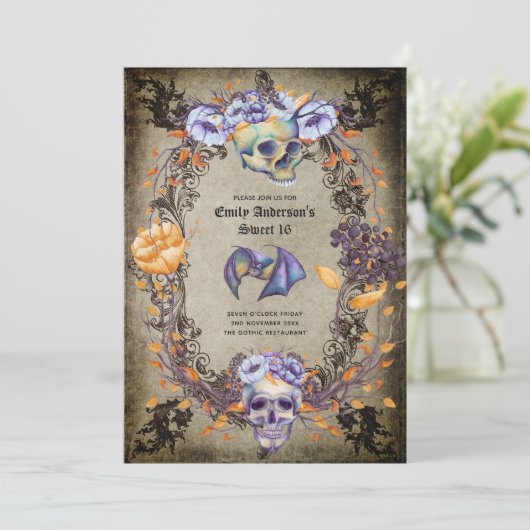 Gothic Halloween Skulls Party Invite Watercolor Einladung (Stehend Vorderseite)