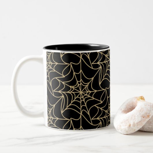 Gothic Halloween Spider Web Gold Zweifarbige Tasse (Mit Donut)