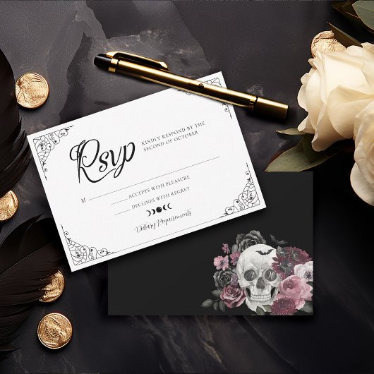 Gothic Halloween Wedding Coffin Floral Skull RSVP Karte