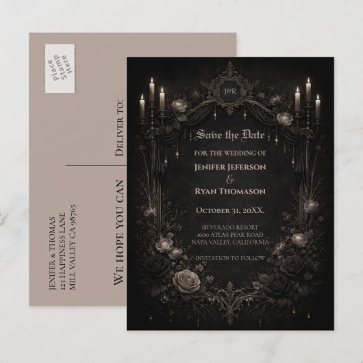 Gothic halloween wedding save the date postcard ankündigungspostkarte (Vorne/Hinten)
