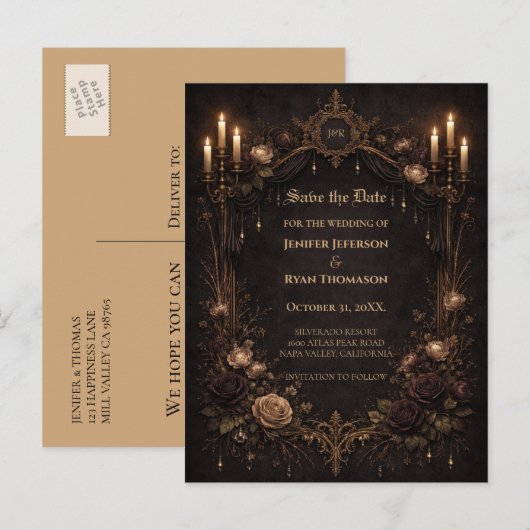 Gothic halloween wedding save the date postcard ankündigungspostkarte (Vorne/Hinten)
