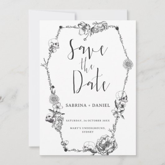 Gothic Hand gezeichnete Blume Skull Save the Date Einladung (Vorderseite)