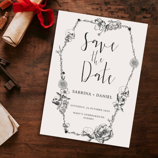 Gothic Hand gezeichnete Blume Skull Save the Date Einladung