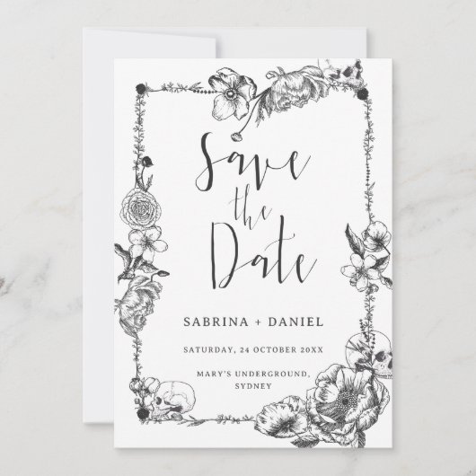 Gothic Hand gezeichnete Blume Skull Save the Date Einladung (Vorderseite)