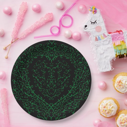 Gothic Heart Paper Plate Green & Black 2 Pappteller (Party)