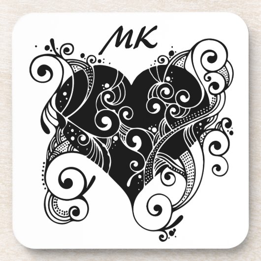 Gothic Heart Tattoo Schwarz und Weiß Mit Monogramm Getränkeuntersetzer (Vorderseite)