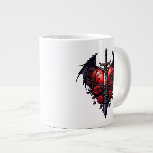 Gothic Heart with Wings, Sword and Red Roses Jumbo-Tasse (Vorderseite Rechts)