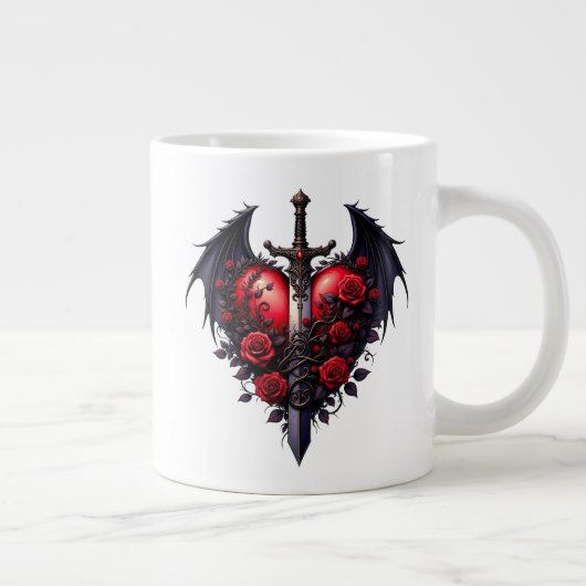 Gothic Heart with Wings, Sword and Red Roses Jumbo-Tasse (Rechts)