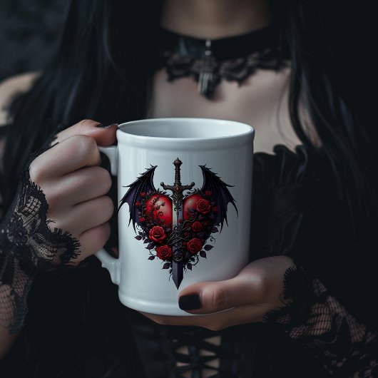 Gothic Heart with Wings, Sword and Red Roses Jumbo-Tasse