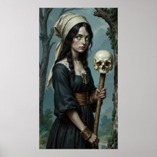 Gothic Hexe Grüne Augen Schädelstab Poster (Vorne)