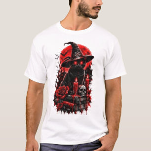 Gothic Hexe schwarze Katze Halloween Totenkopf Ker T-Shirt
