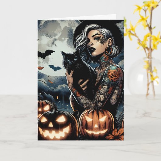 Gothic Hexe Themed Halloween Karte (Gelbe Blume)