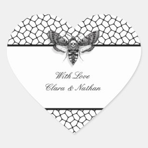 Gothic Hochzeit-Aufkleber – Motte & Spitze Schwarz Herz-Aufkleber