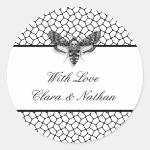 Gothic Hochzeit-Aufkleber – Motte & Spitze Schwarz Runder Aufkleber
