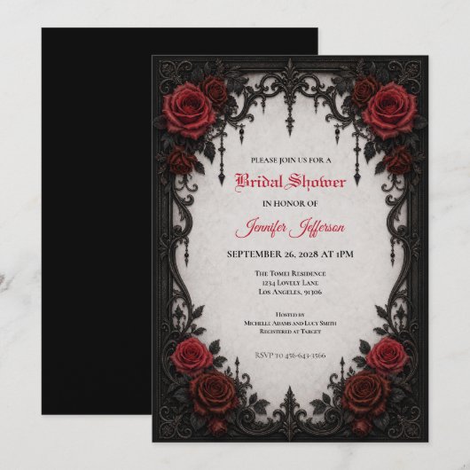 Gothic Hochzeitsdusche Einladung mit roten Rosen (Vorne/Hinten)