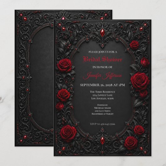 Gothic Hochzeitsdusche Einladung mit roten Rosen (Vorne/Hinten)