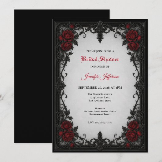 Gothic Hochzeitsdusche Einladung mit roten Rosen (Vorne/Hinten)