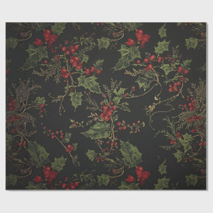 Gothic Holly-Wrapapier Dunkle Weihnachtsflora Geschenkpapier