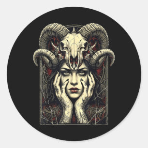 Gothic Hörner Okkult Hexe Fantasy Dämon Mädchen Runder Aufkleber