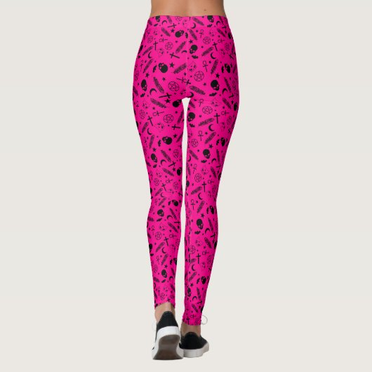 Gothic Hot Pink Black Skull Cross Muster Leggings (Rückseite)