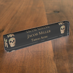 Gothic Human Half Skull Brown Green Tattoo Shop Namensplakette