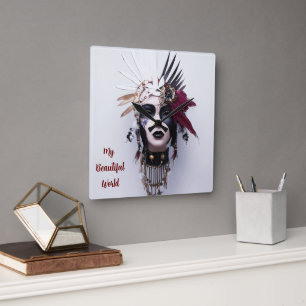 Gothic Indian Headdress Art: Stärke = Quadratische Wanduhr