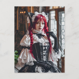 Gothic Kawaii Dienstmädchen mit roten Zöpfen Postkarte