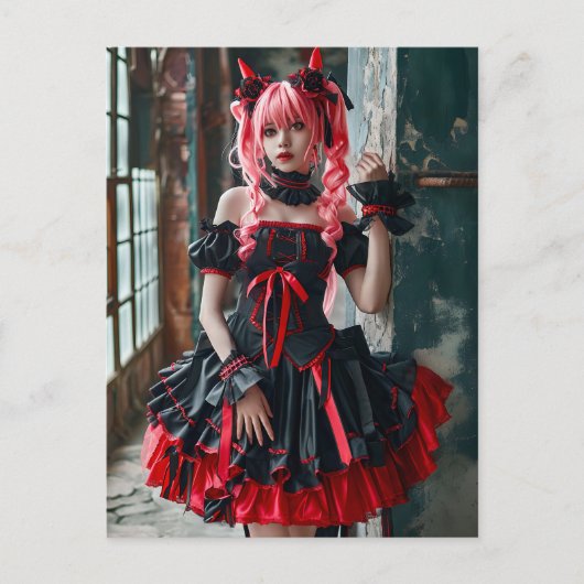Gothic Kawaii Maid mit roten Braids Postkarte (Vorderseite)