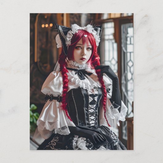 Gothic Kawaii Maid mit roten Braids Postkarte (Vorderseite)