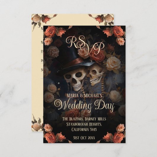 Gothic Kissing Skeletons Spooky Wedding RSVP (Vorne/Hinten)