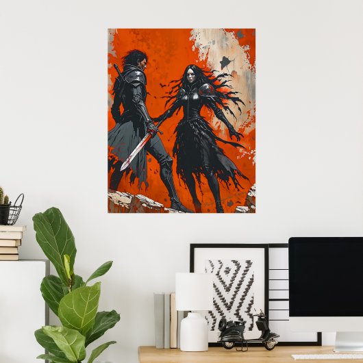 Gothic Knight Duel Poster - Dark Fantasy Art (Heimbüro)