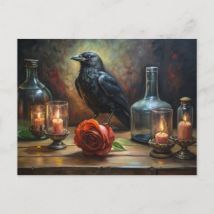 Gothic Krähe, Kerzen und Rose Postkarte
