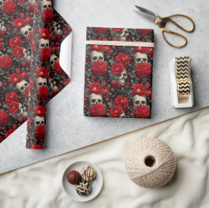 Gothic-Krähe und Totenkopf-Blumen nahtloses Muster Geschenkpapier