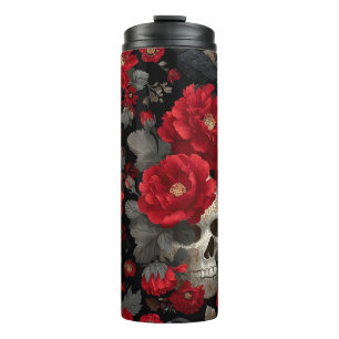 Gothic-Krähe und Totenkopf-Blumen nahtloses Muster Thermosbecher