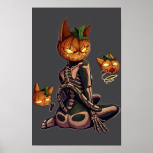 Gothic Kürbiskopf Skelett Katze Halloween Poster