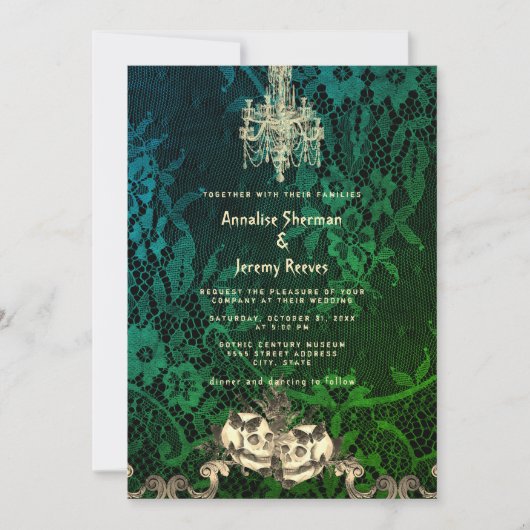 Gothic Lace Skeleton Halloween Hochzeit Einladung (Vorderseite)