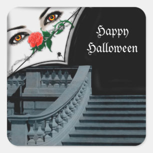 Gothic Lady pinkelt über Treppen Halloween-Aufkleb Quadratischer Aufkleber