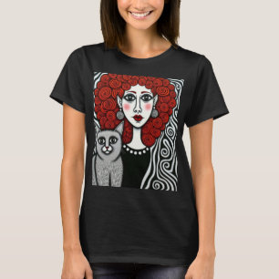Gothic Lady und Katze Spiral Haar Rot Schwarz Weiß T-Shirt