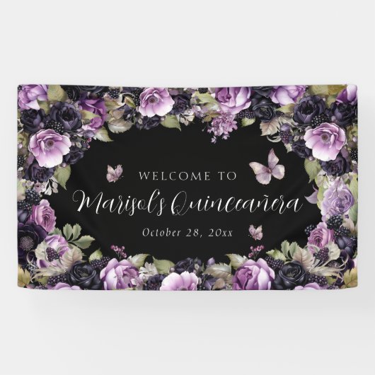 Gothic Lila & Black Moody Florals Quinceañera Banner (Horizontal)