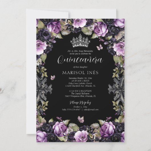 Gothic Lila & Black Moody Florals Quinceañera Einladung (Vorderseite)