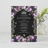 Gothic Lila & Black Moody Florals Quinceañera Einladung (Stehend Vorderseite)