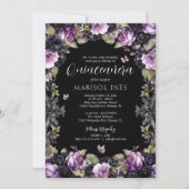 Gothic Lila & Black Moody Florals Quinceañera Einladung (Vorderseite)